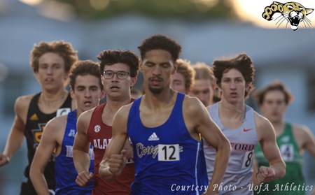 Barton men's track and field runner Hamza Belkhalfi leads a pack at the 2024 Crimson Tide Invite. Courtesy photo from U of A Athletics