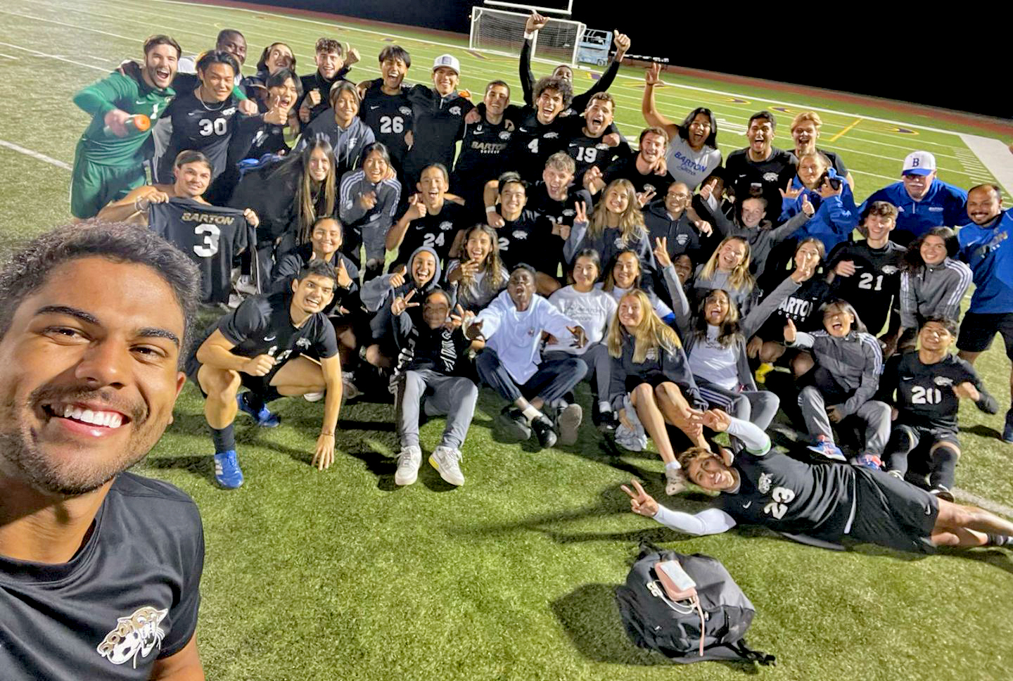 Barton men's and women's soccer teams following victories at Coffeyville Community College